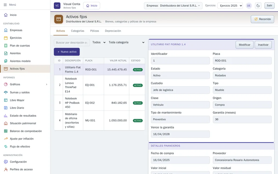Activos fijos: la lista y la ficha del activo seleccionado