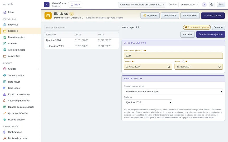 La ficha de un ejercicio nuevo, con el origen del plan de cuentas