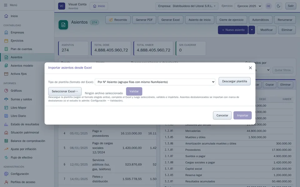 El diálogo Importar asientos desde Excel, después de validar