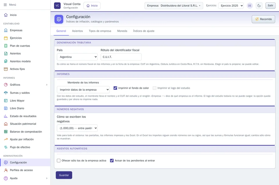 Configuración, solapa General