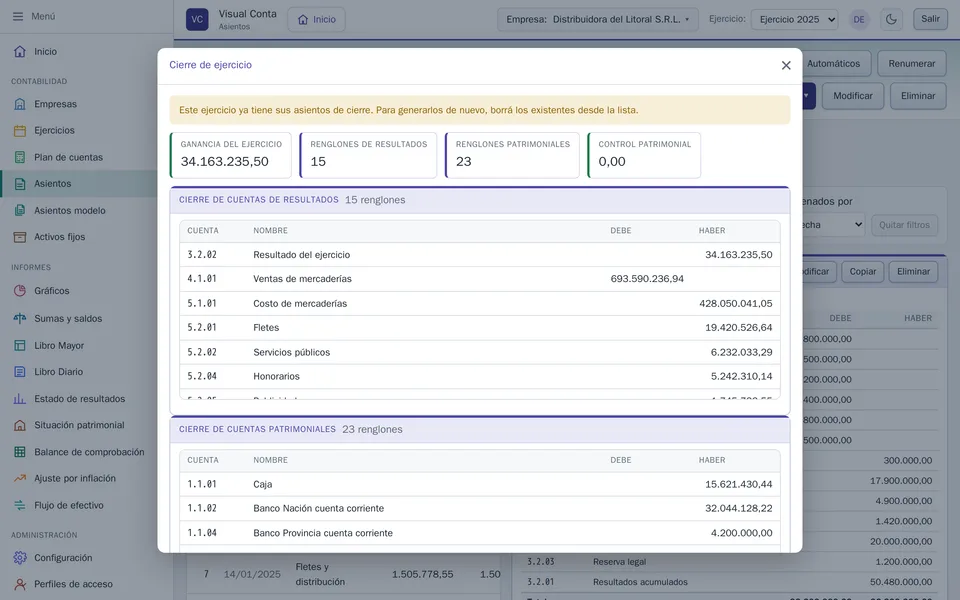 El diálogo Cierre de ejercicio, con los dos asientos en vista previa
