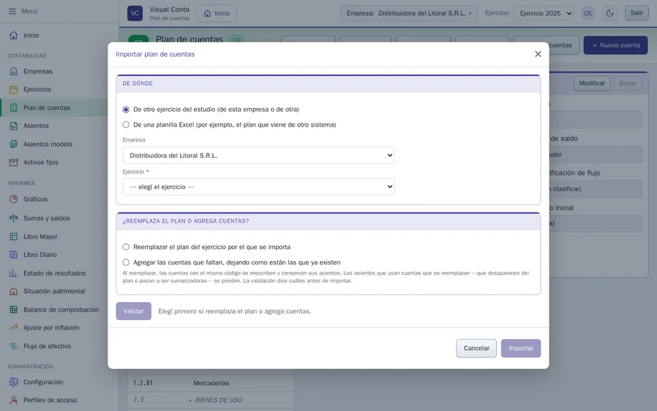 El diálogo Importar plan de cuentas