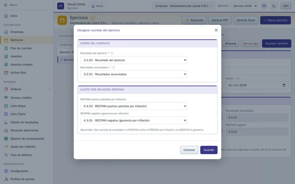 El diálogo Designar cuentas del ejercicio