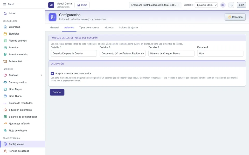 Configuración, solapa Asientos