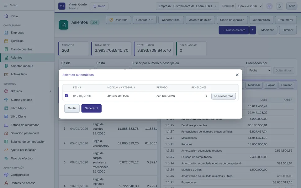 El diálogo Asientos automáticos, con los pendientes del ejercicio