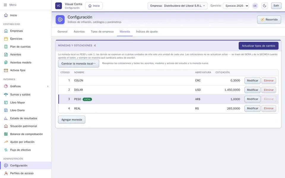 Configuración, solapa Moneda