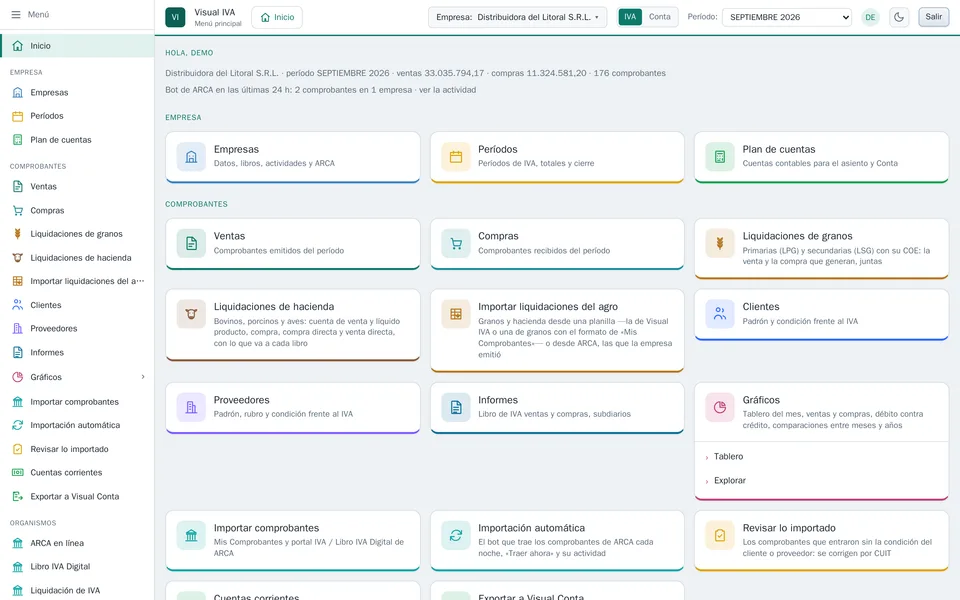 Pantalla principal con las tarjetas de los módulos
