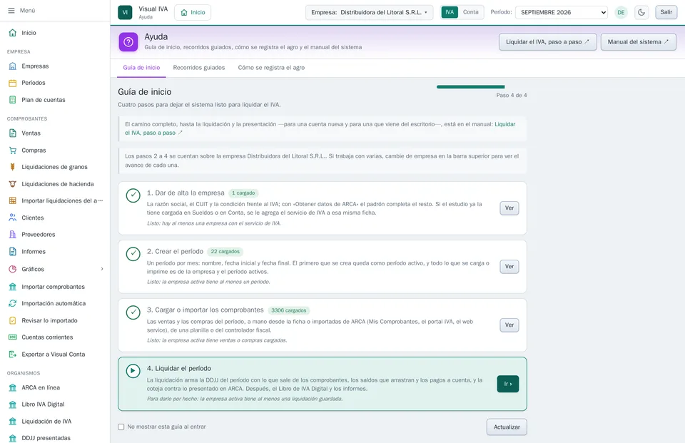 La pantalla de Ayuda con la guía de inicio