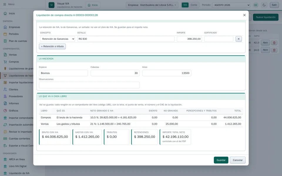 Lo que va a cada libro en una compra directa: el bruto a compras, los gastos a ventas, y el importe total neto para controlar con el PDF
