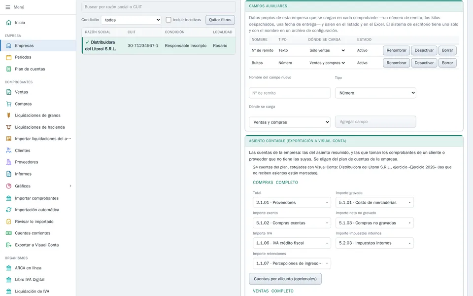 Panel de campos auxiliares en la ficha de la empresa