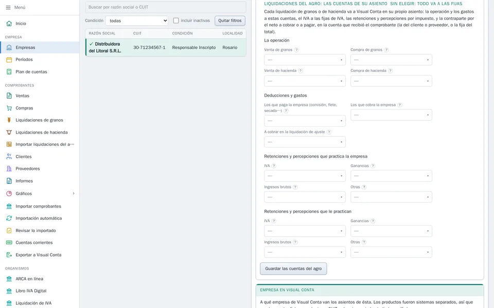 Las cuentas del asiento de las liquidaciones del agro, en la ficha de la empresa