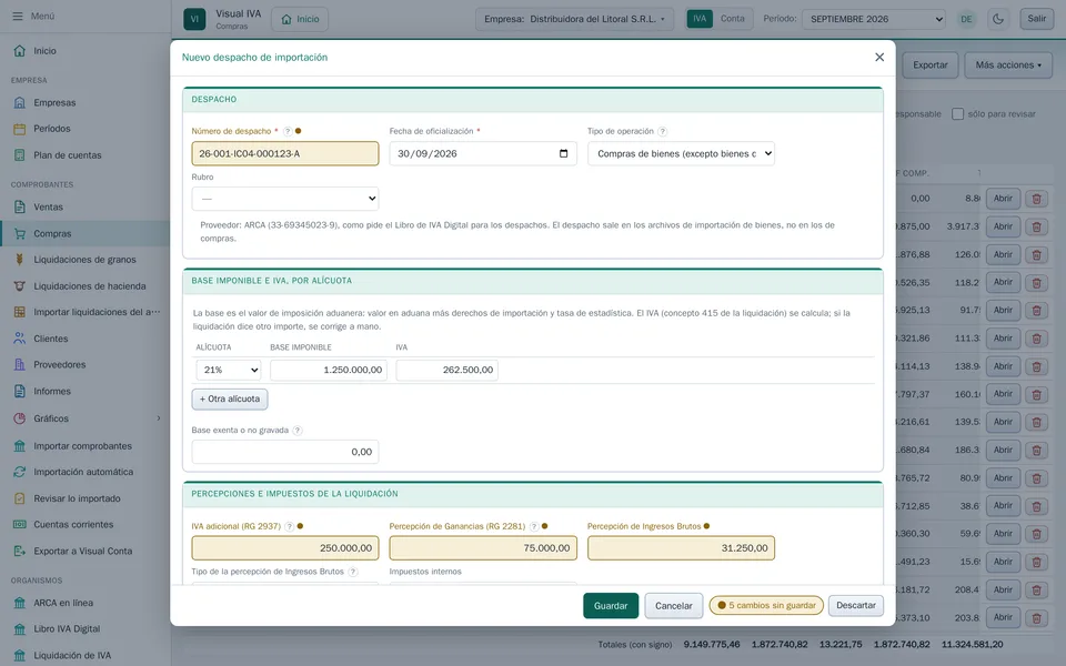 La ficha del despacho, con una liquidación del SIM de ejemplo