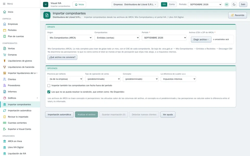 Pantalla de importación de comprobantes