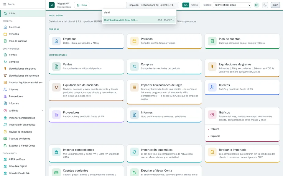 Selector de empresa y período en la barra superior