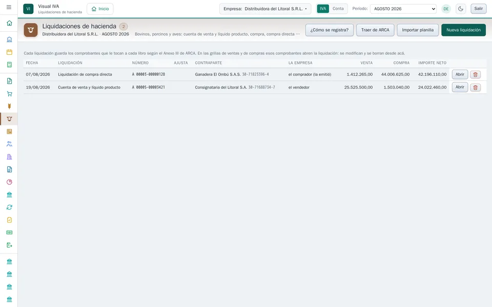 Las liquidaciones de hacienda del período: la compra directa que emitió la empresa y la cuenta de venta que recibió