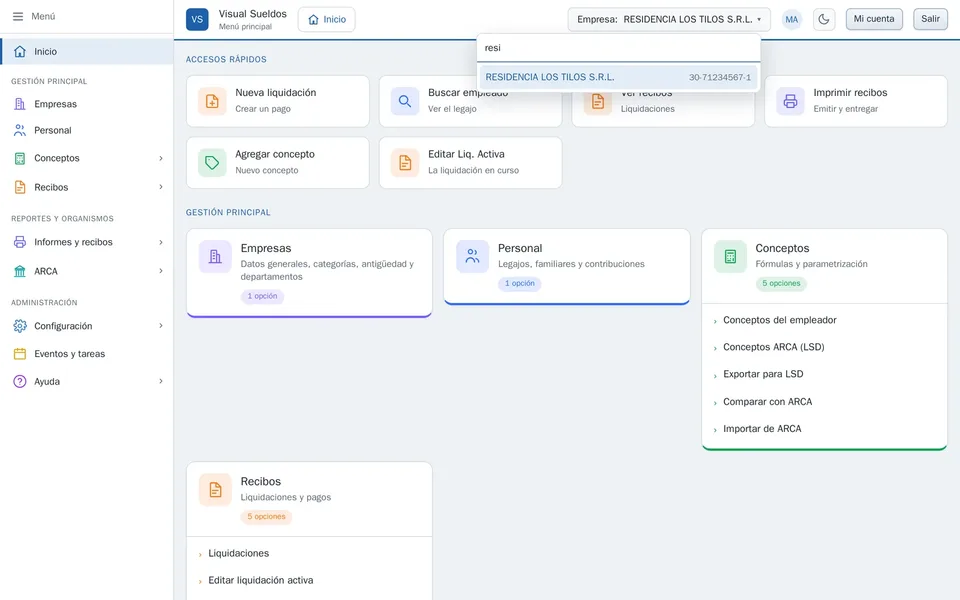 Selector de empresa con búsqueda