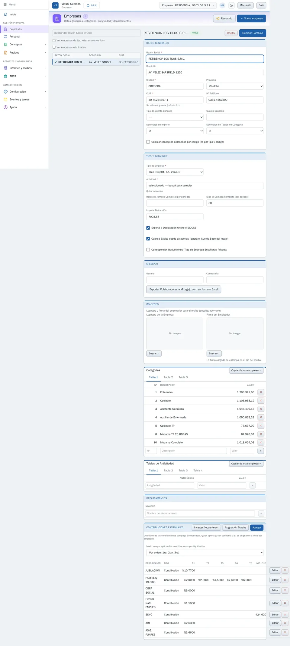 Pantalla de Empresas: lista y ficha