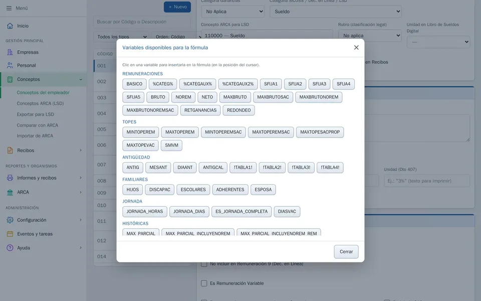 El generador de fórmula, con la lista de variables