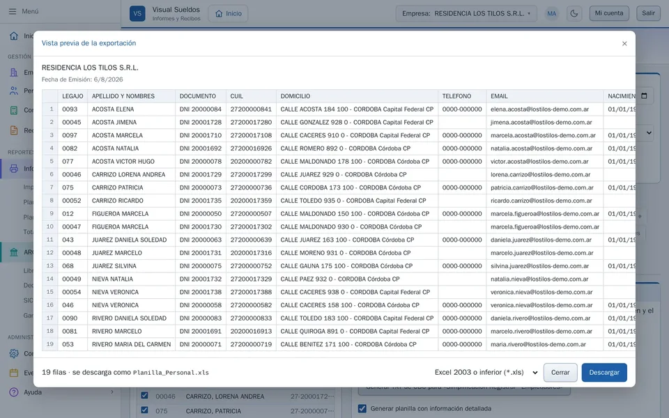 Vista previa de una exportación